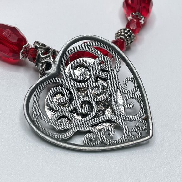 Artisan Red Glass Beaded Silver Tone Gothic Heart Pendant Necklace Statement - Picture 8 of 10
